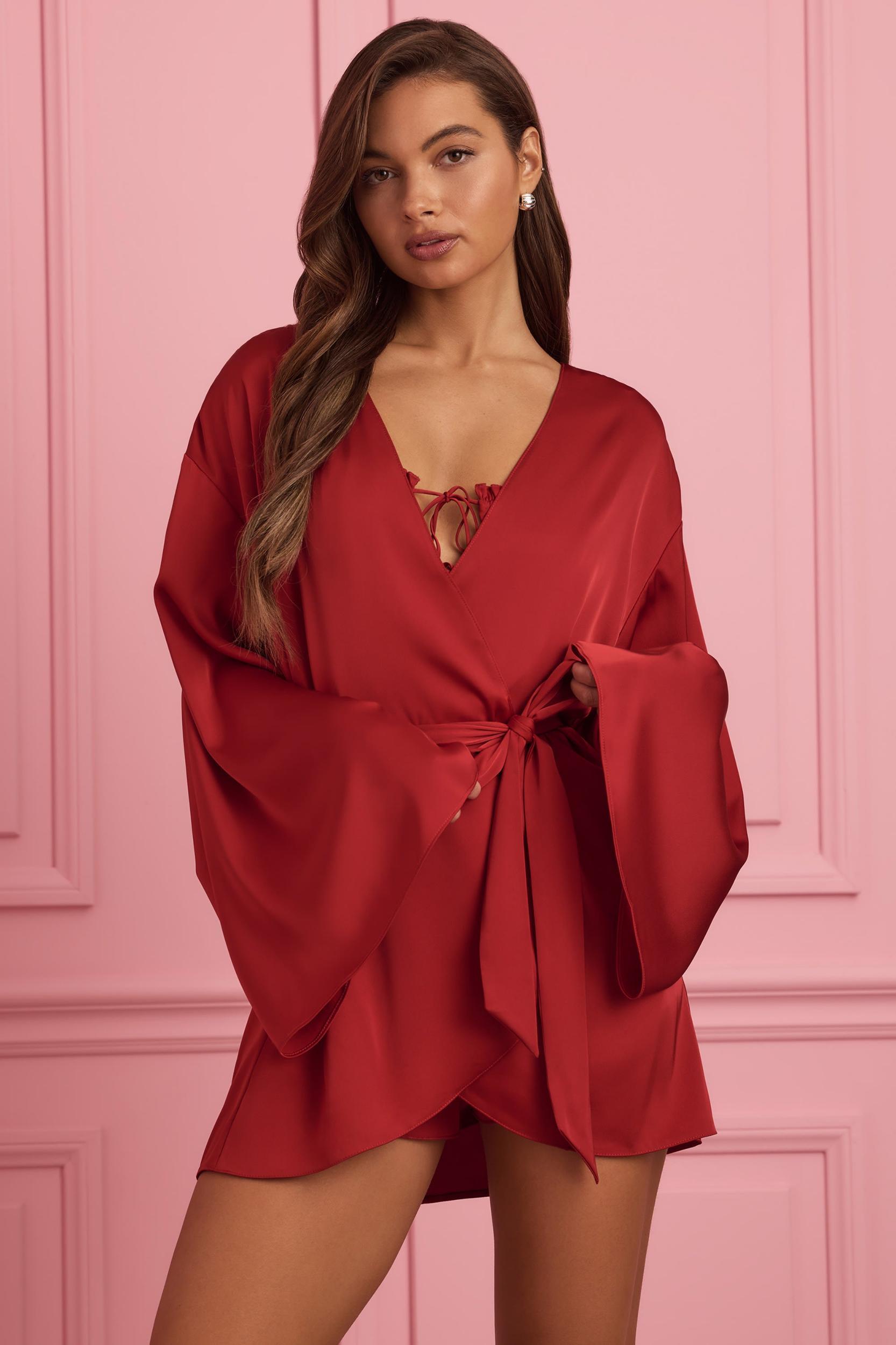 Embellished Wrap-Over Robe in Ruby Red Female Product Image