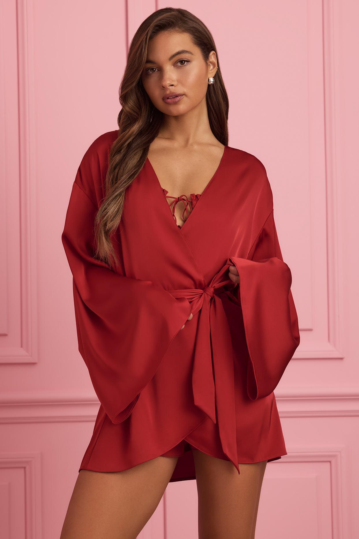 Embellished Wrap-Over Robe in Ruby Red Female Product Image