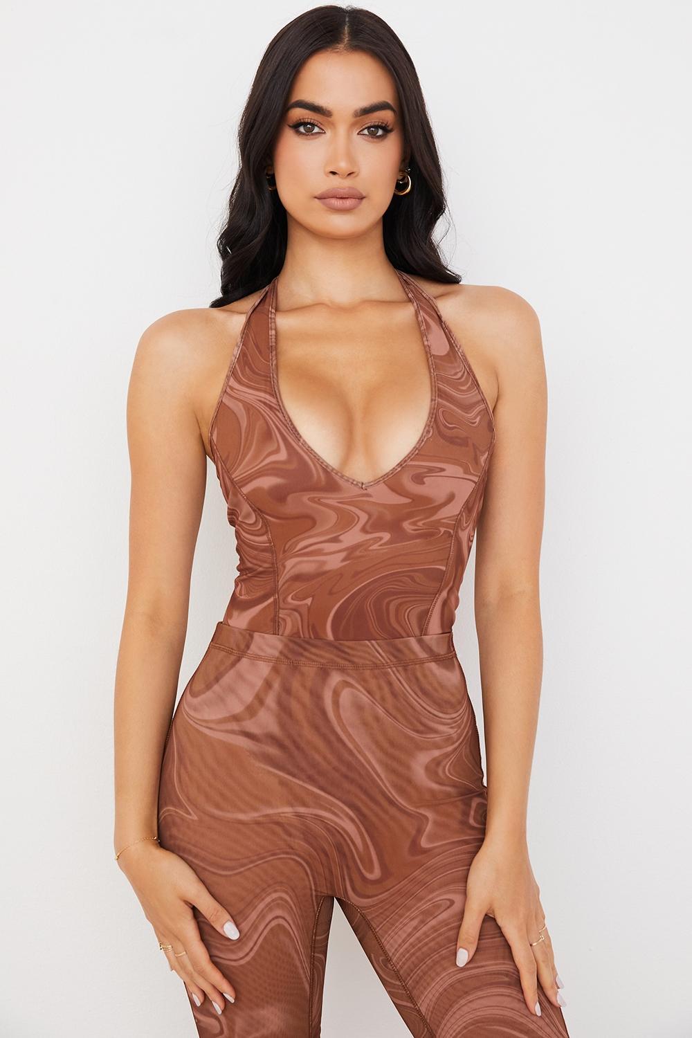Sabine  cocoa swirl print halter bodysuit Product Image