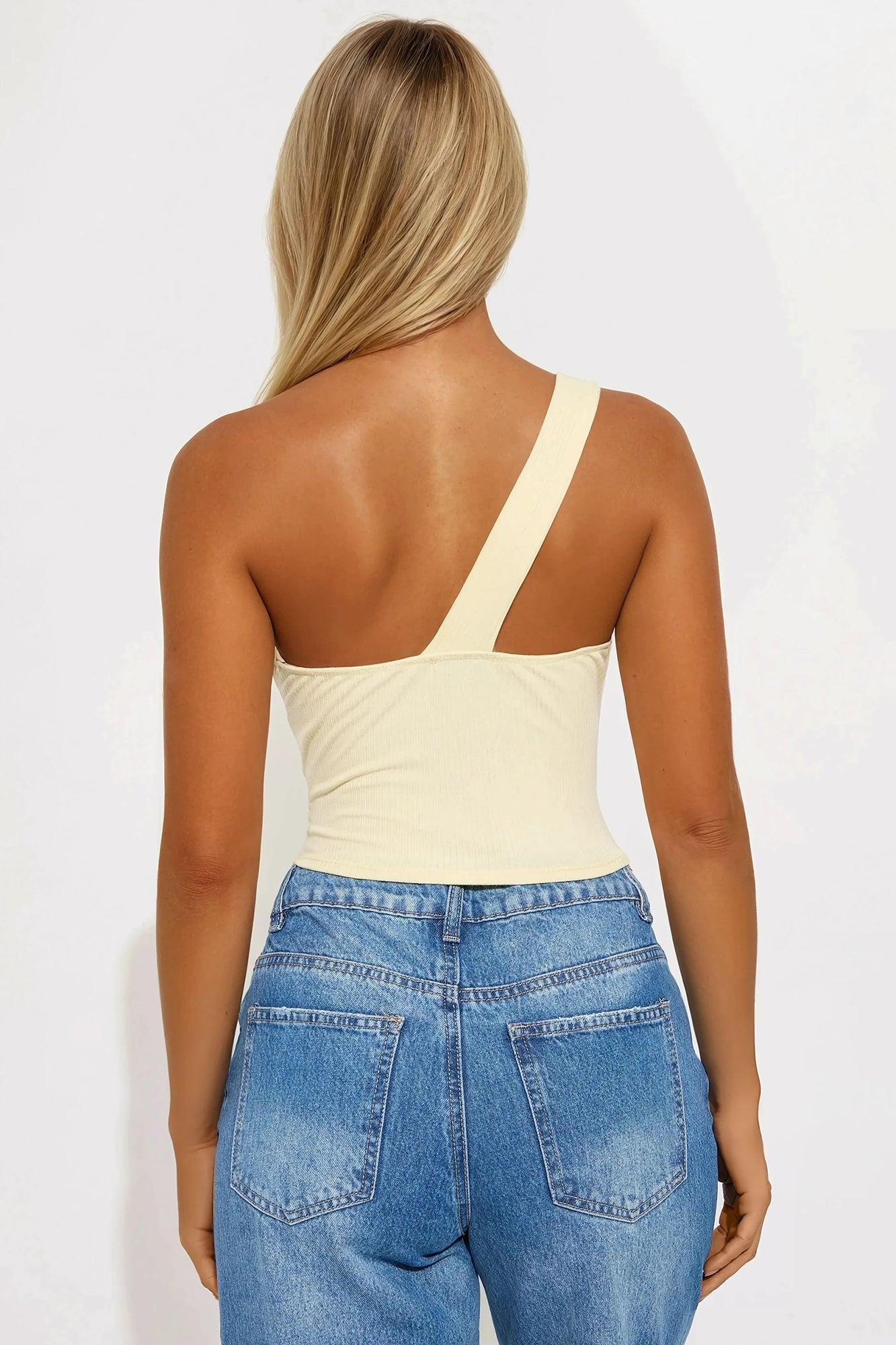 Clementine Ribbed One Shoulder Cut Out Top  - Butter Yellow Product Image