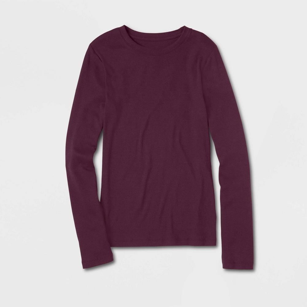 Womens Slim Fit Long Sleeve Ribbed T-Shirt - A New Day Burgundy Product Image