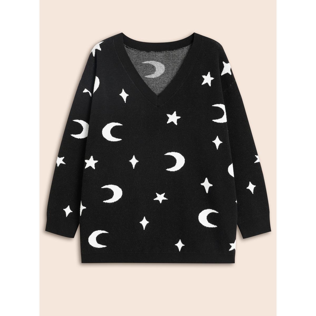 Plus Size Supersoft Essentials Celestial Jacquard V-Neck Pullover Black Women Leisure Long Sleeve V-neck Casual Pullovers BloomChic 12/L Product Image