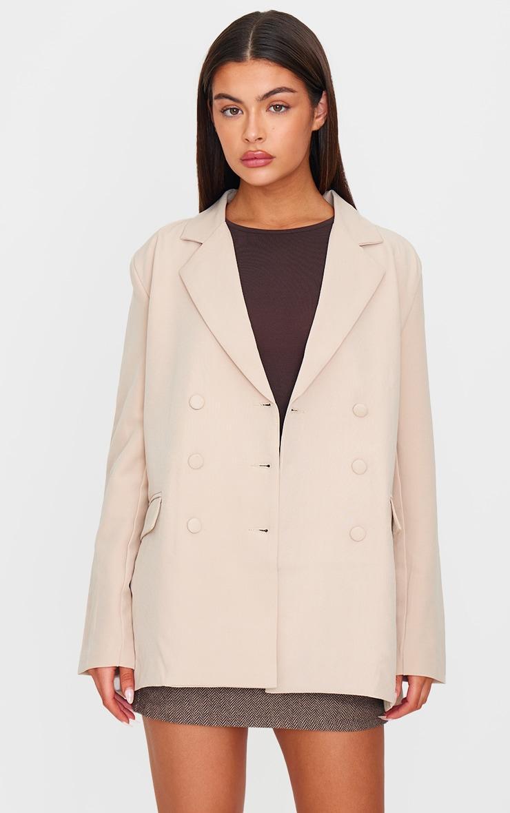 Stone Oversized Double Breasted Covered Button Blazer Product Image