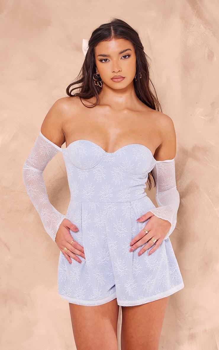 Blue Lace Bardot Sleeve Pintuck Romper Product Image