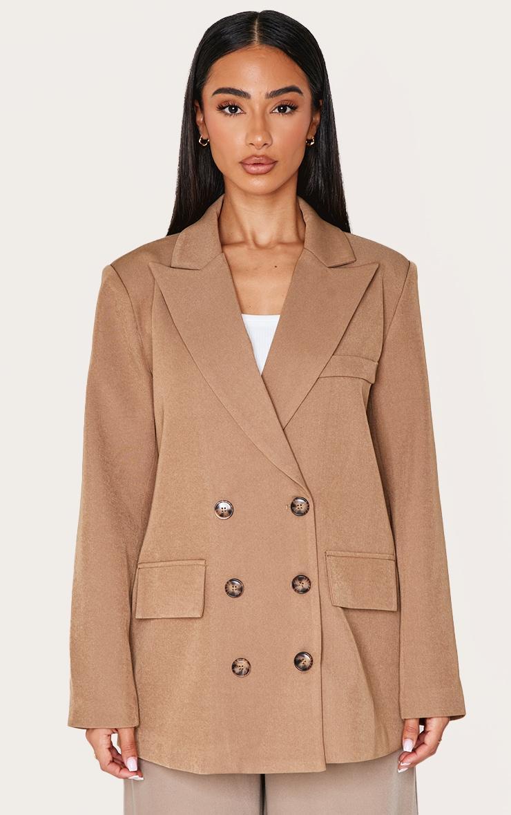 Petite Taupe Premium Double Breasted Button Detail Blazer Product Image