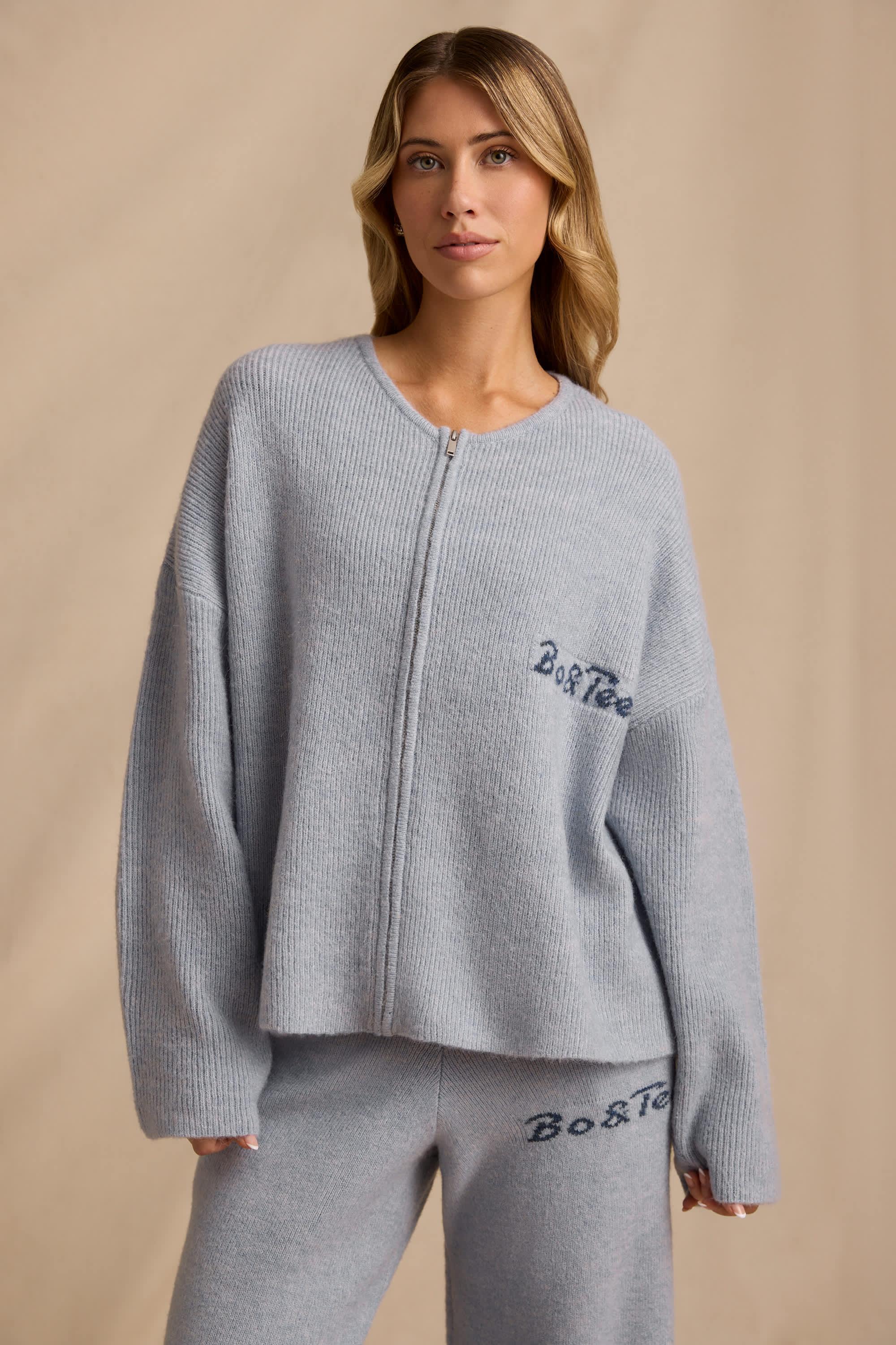 Oversized Zip-Up Cardigan in Soft Blue Product Image