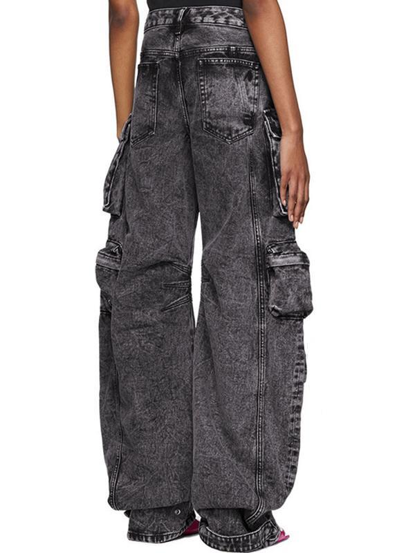 Washed Distressed Gray Multi Pocket Splice Cargo Jeans Product Image