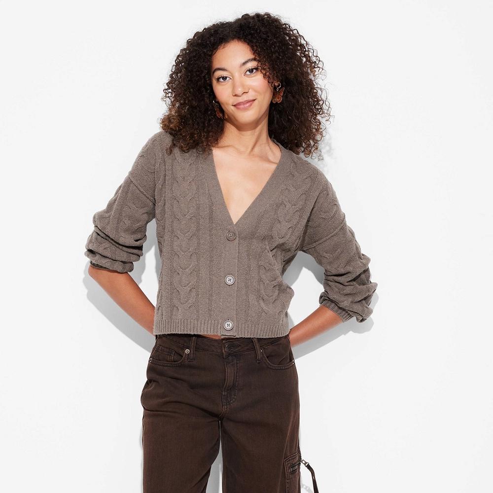 Women's Oversized Cable Sweater Cardigan - Wild Fable™ Pewter XS Product Image