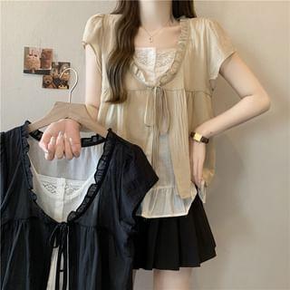 Short Sleeve Scoop Neck Mock-Two Piece Tie Front Layered Blouse Product Image