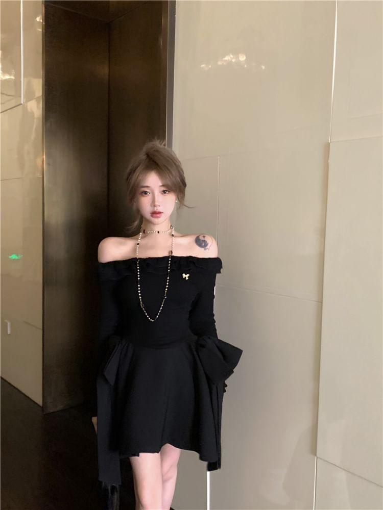 Long-Sleeve Off Shoulder Plain Mini A-Line Dress Product Image