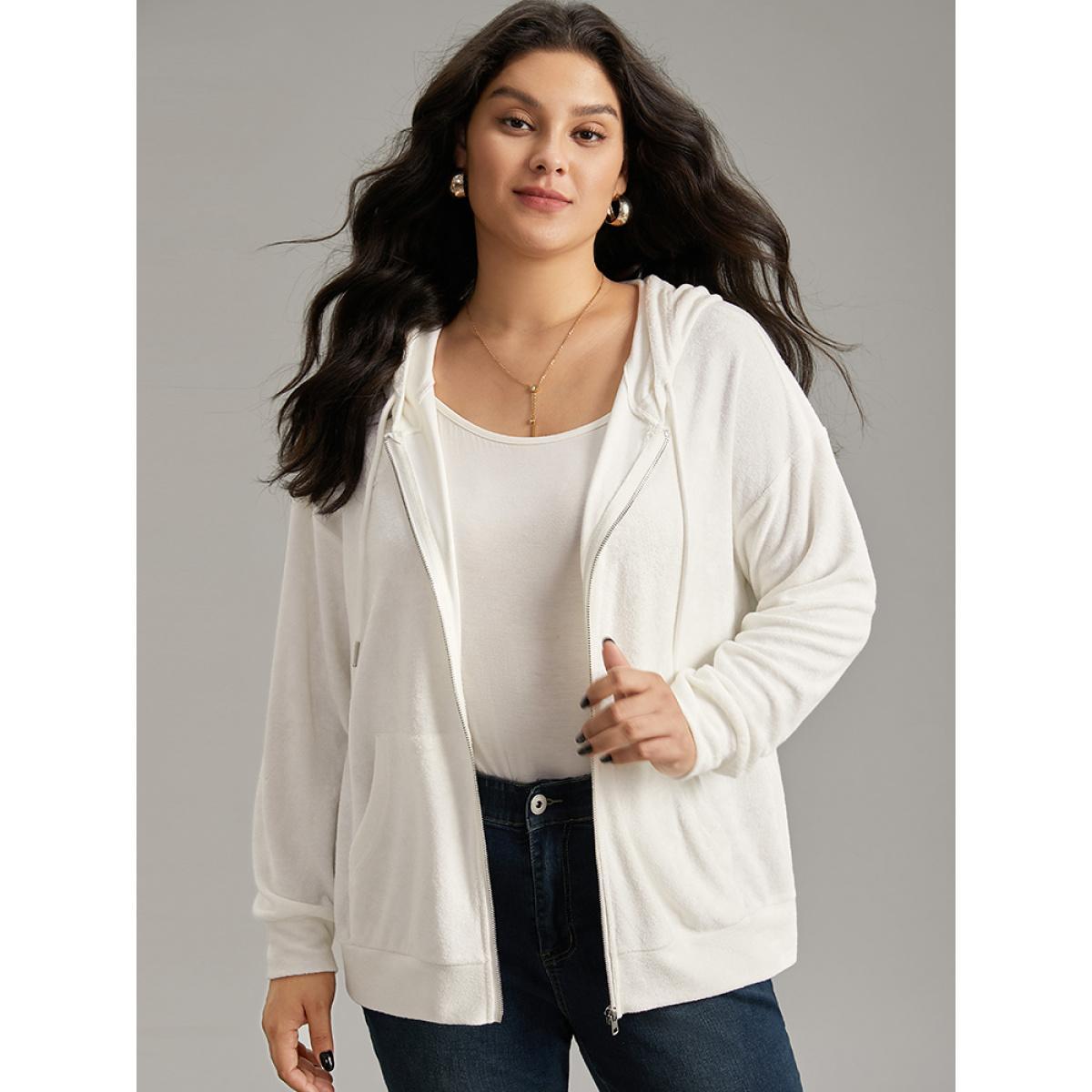 Plus Size Supersoft Essentials Solid Zipper Hooded Sweatshirt Women White Casual Elastic cuffs Hooded Dailywear Sweatshirts BloomChic 30/6X Product Image