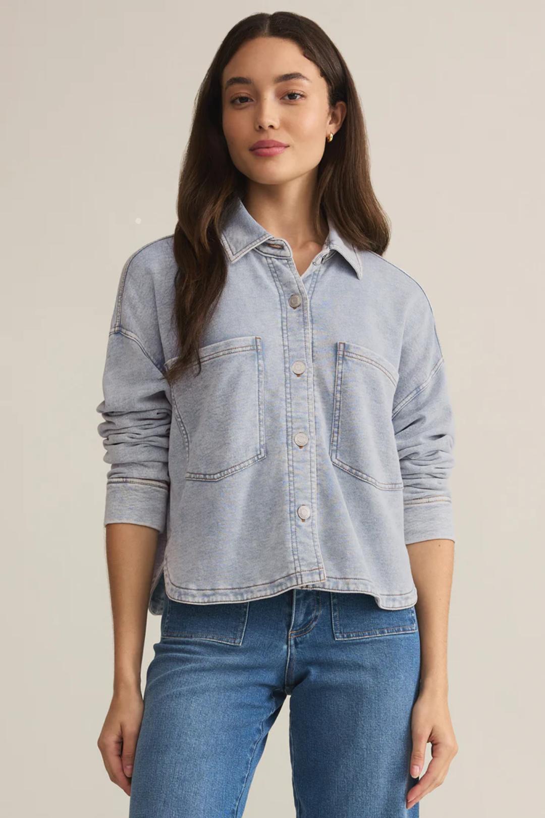 All Day Cropped Knit Denim Jacket Product Image