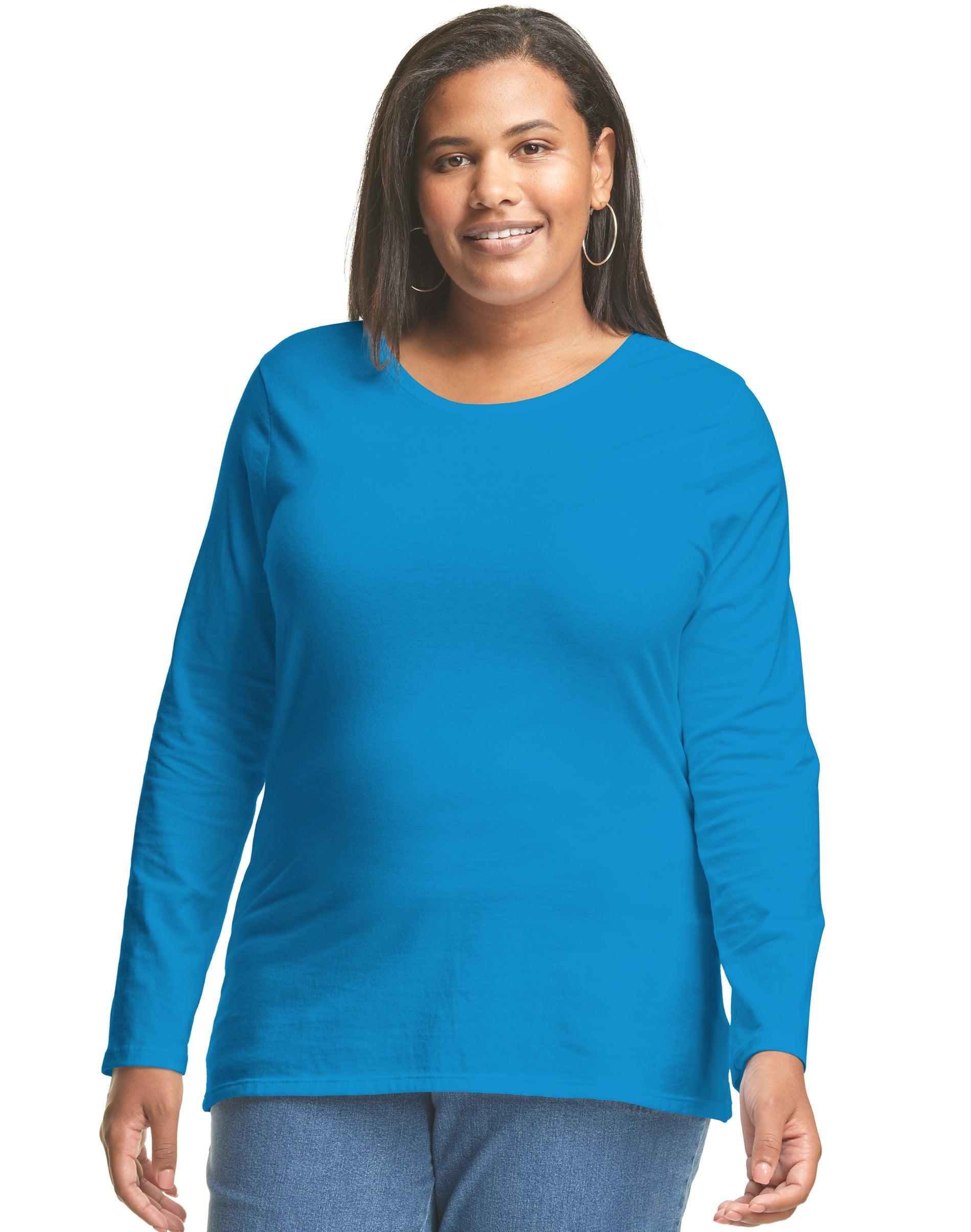 Hanes Womens Long Sleeve Scoop Neck Cotton T-Shirt (Plus Size) White 1X Product Image