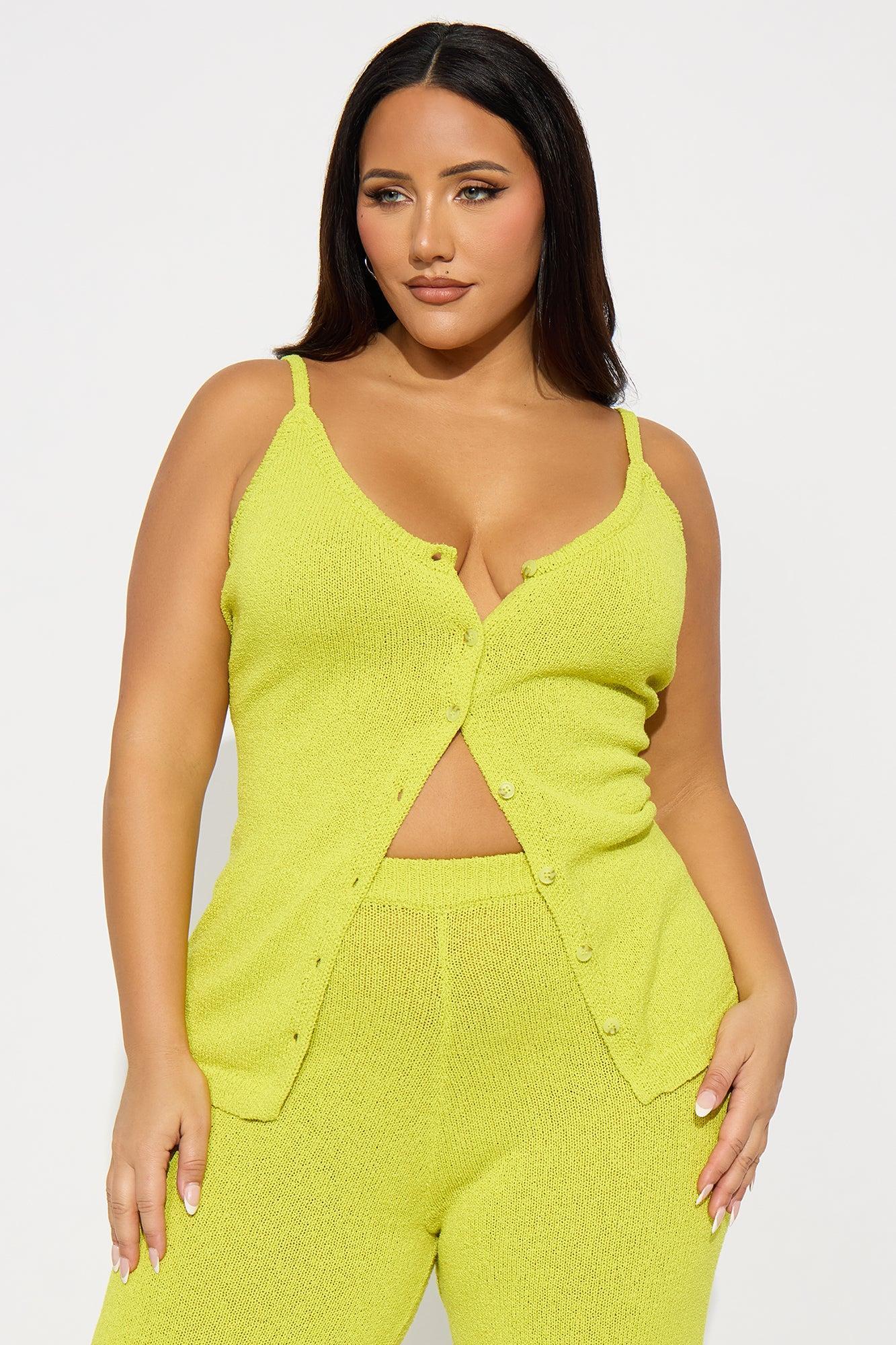 Bella Button Front Knit Pant Set - Chartreuse Female Product Image