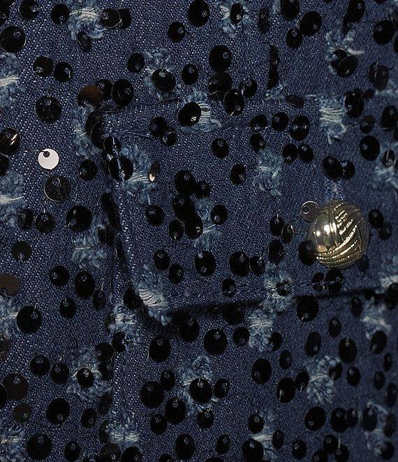 KARL LAGERFELD PARIS Sequin Denim Collarless Long Sleeve Cropped Jacket Product Image