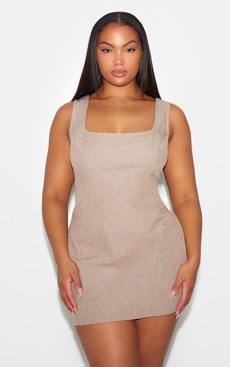 Light Taupe Tailored Square Neck Bodycon Dress Product Image