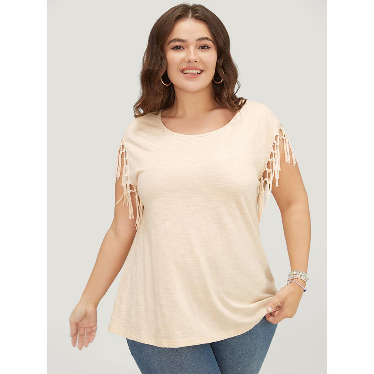 Plus Size Solid Fringe Trim Batwing Sleeve T-shirt Beige Women Elegant Tassels Plain Round Neck Dailywear T-shirts BloomChic 22-24/3X Product Image