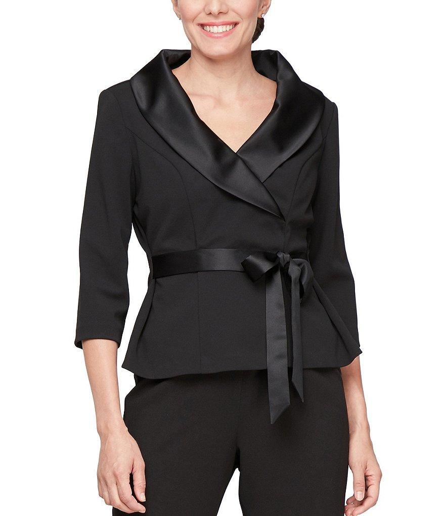 Alex Evenings Satin Collared V Neck 3/4 Sleeve Tie Waist Crepe Blouse Product Image