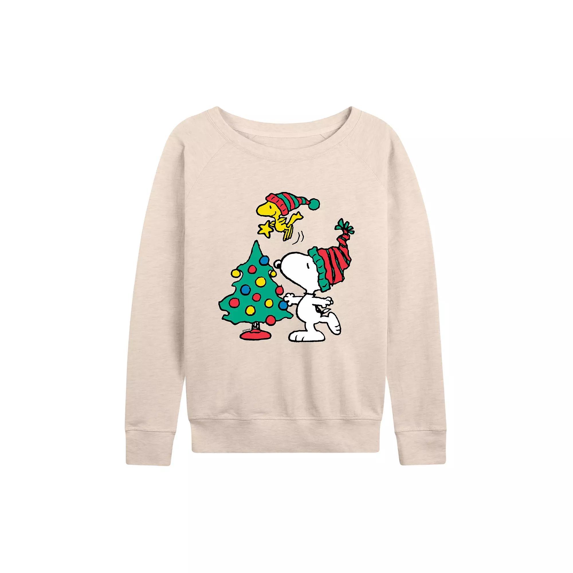 Women's Peanuts Christmas Tree French Terry Long Sleeve Tee, Size: Small, Beige Product Image