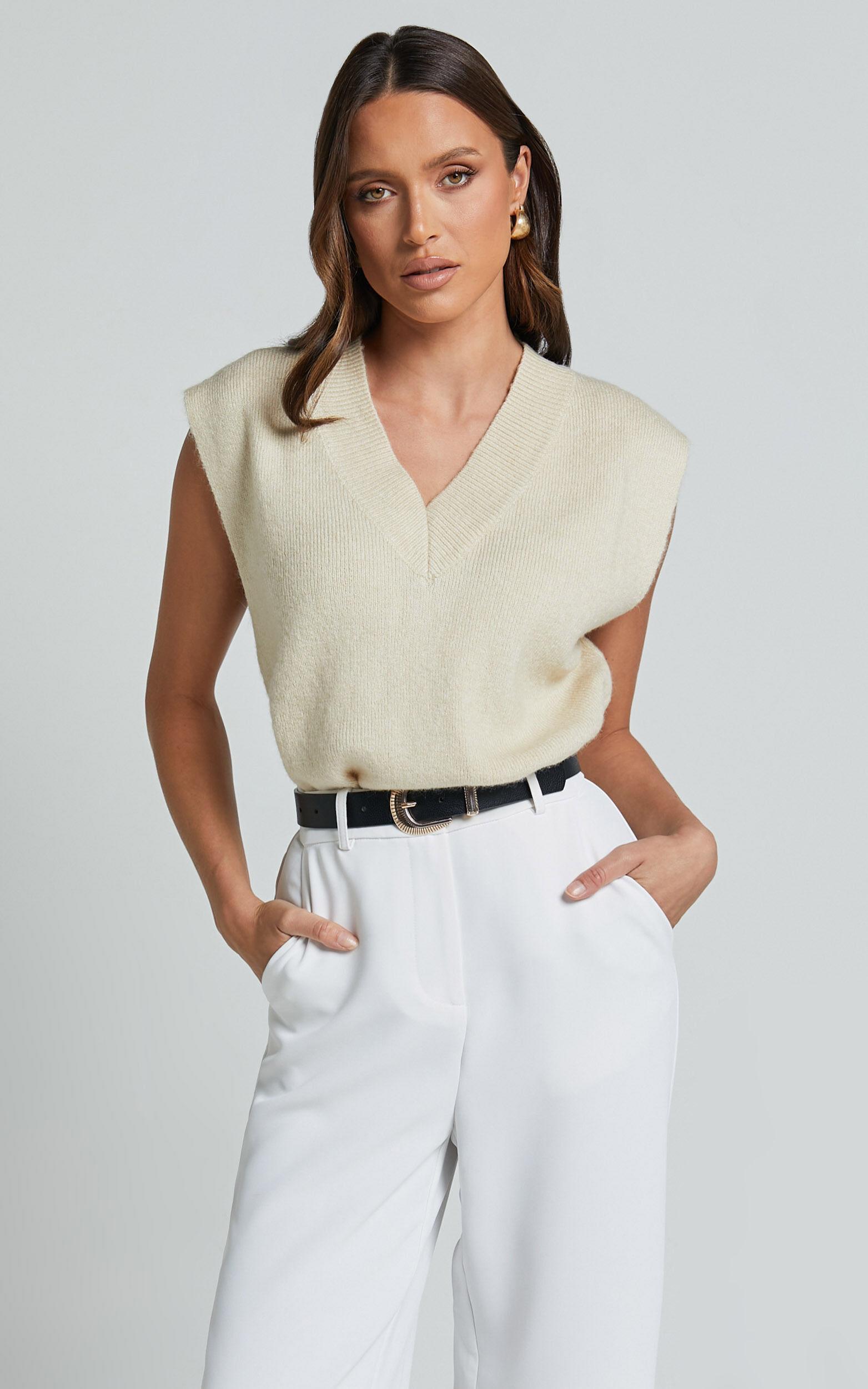 Chenelle Top - Sleeveless Knit Sweater Vest in Stone Product Image