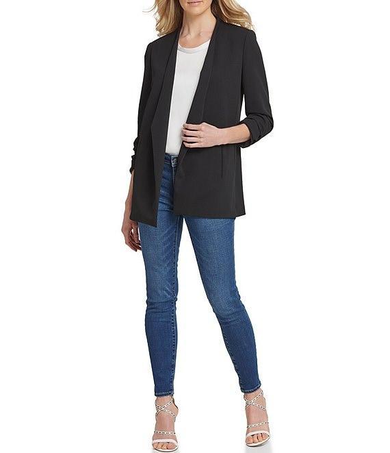 DKNY by Donna Karan Scuba Crepe Ruched 3/4 Ruched Sleeve Open Front Jacket Product Image