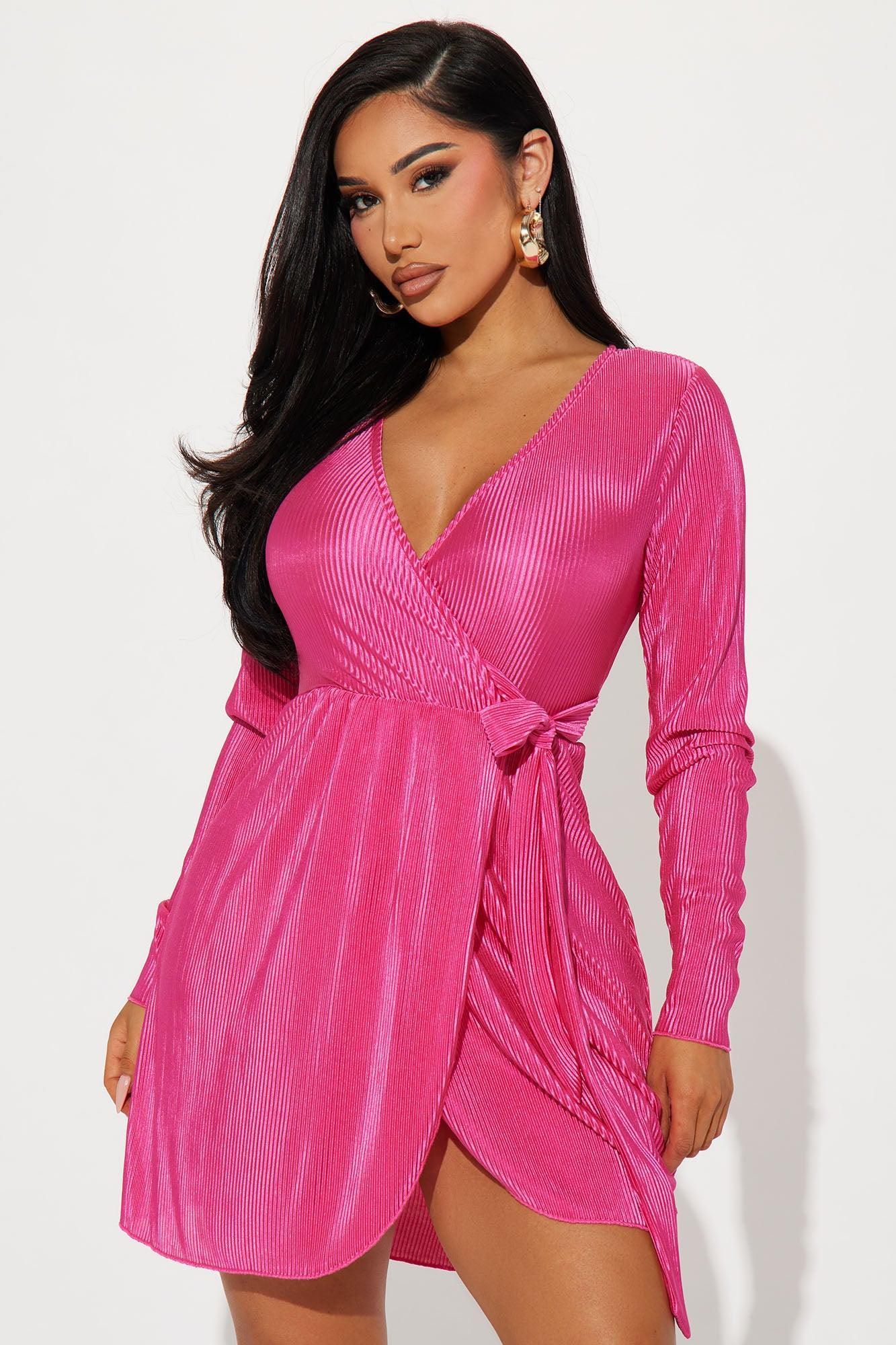 Kara Plisse Mini Dress - Fuchsia Product Image