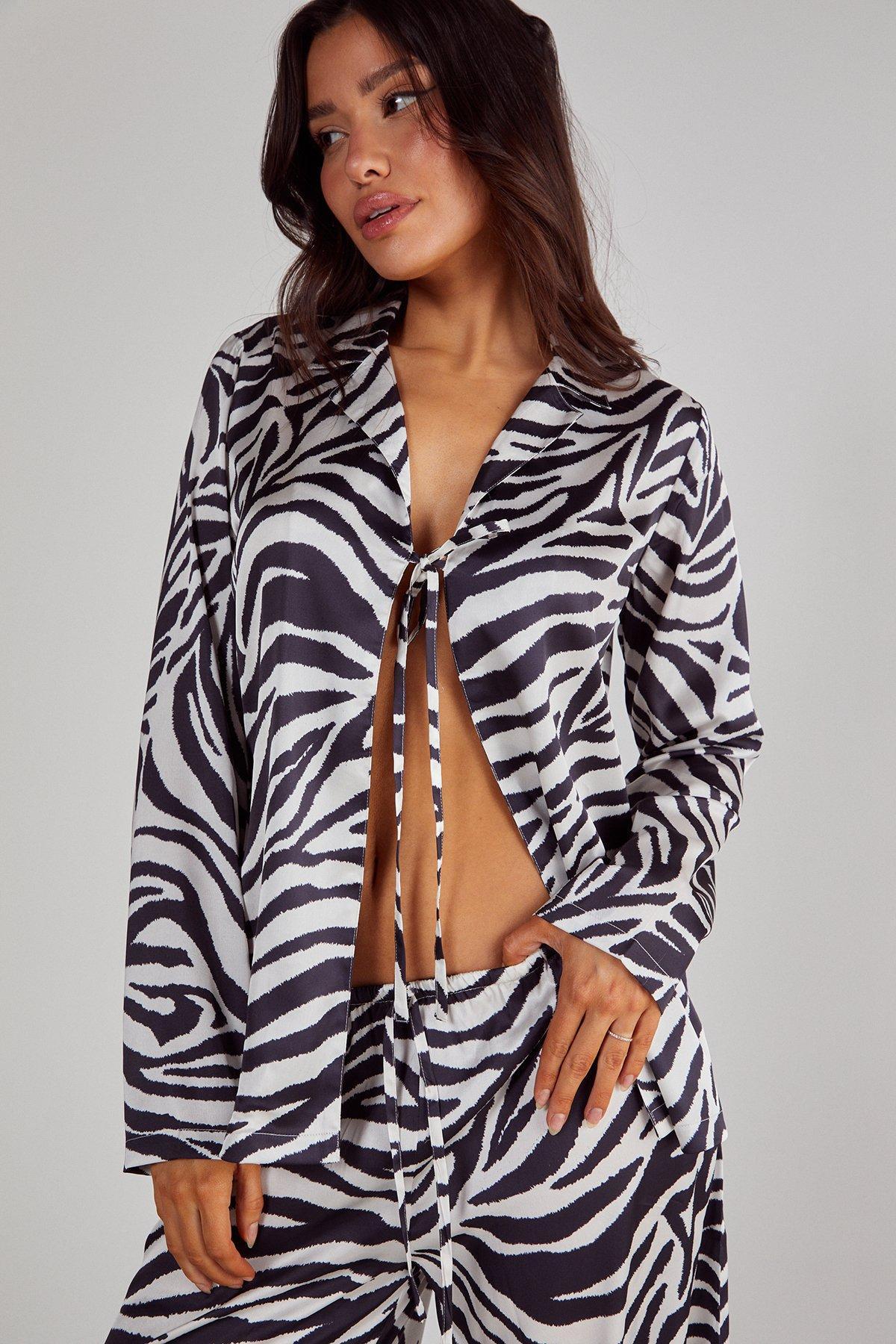 Satin Zebra Tie Front Shirt And Pants Pajama Set Product Image