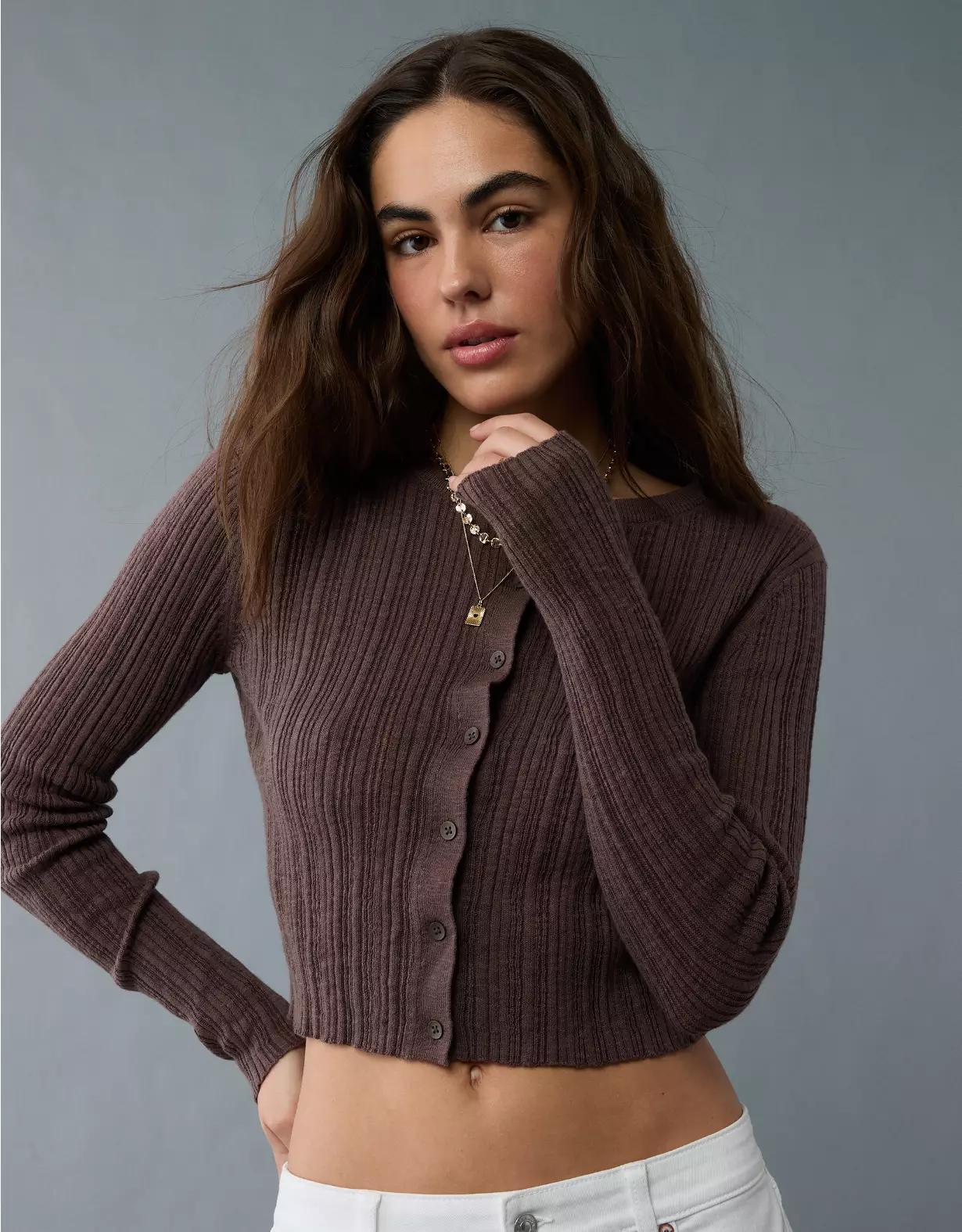 AE Ribbed Crew Neck Cardigan Product Image