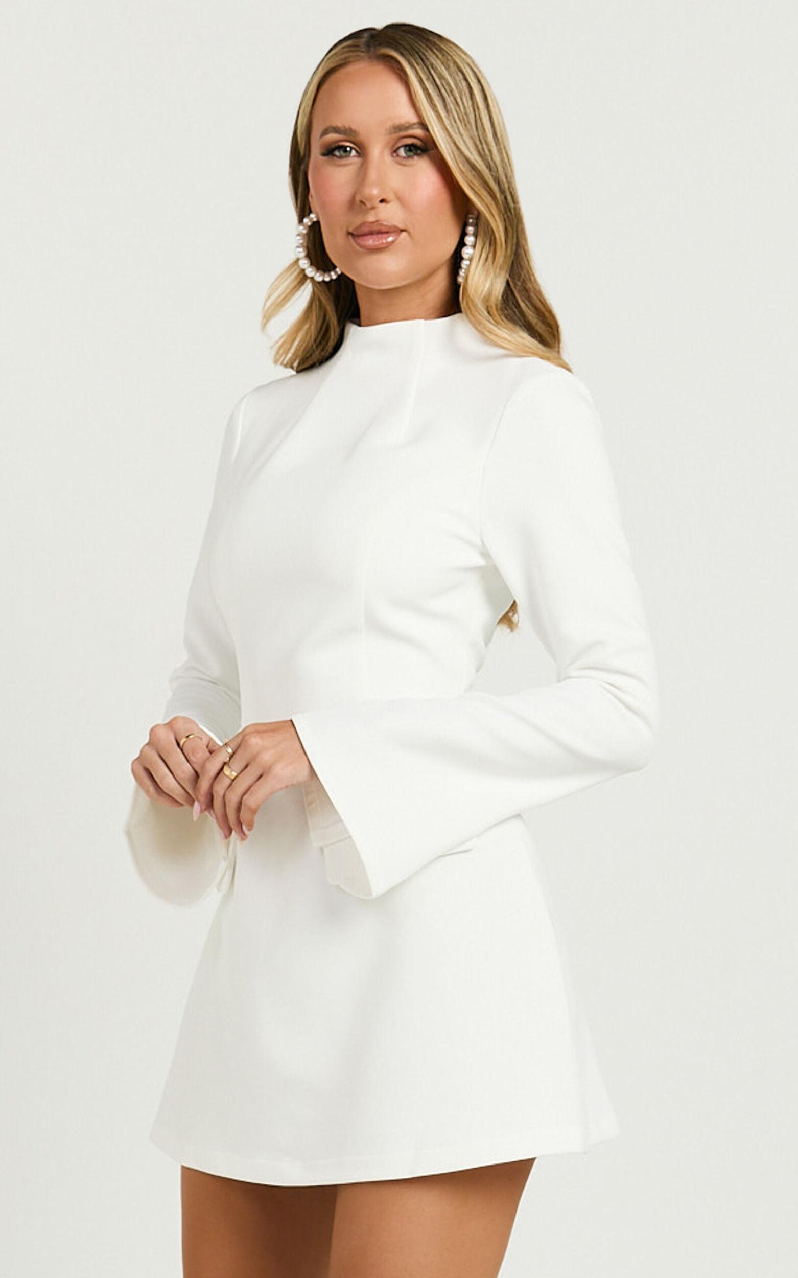 Carlson Mini Dress - High Neck Sleeve Cocoon Skirt Dress in White Product Image