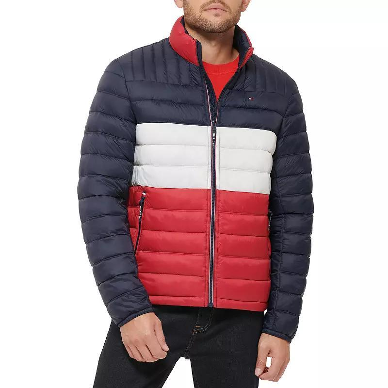 Big & Tall Tommy Hilfiger Stand Collar Packable Puffer Jacket, Mens Black Red Combo Product Image