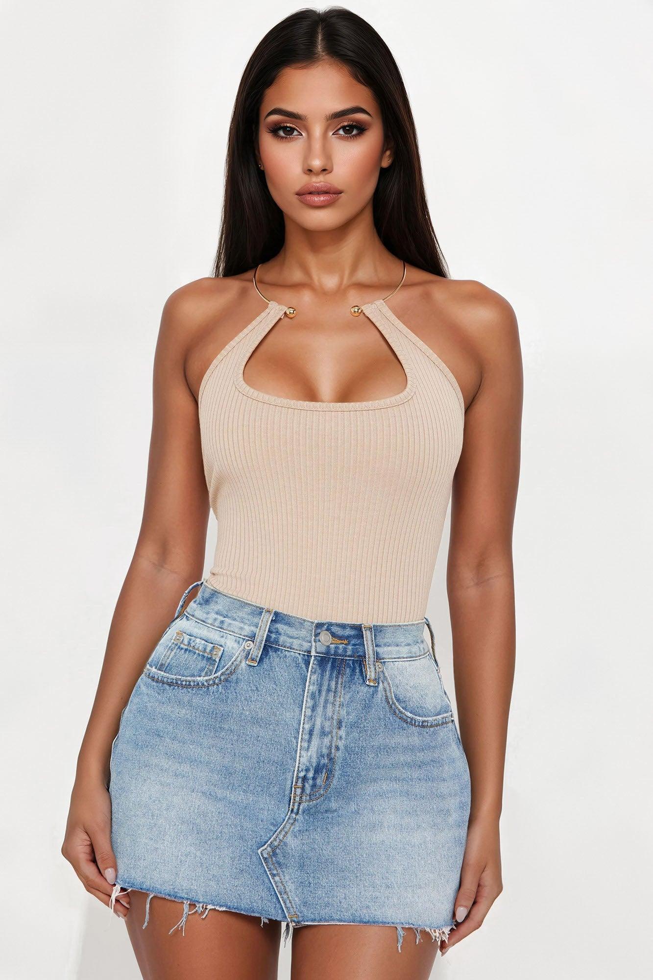 Didi Ribbed Halter Bodysuit - Taupe Product Image