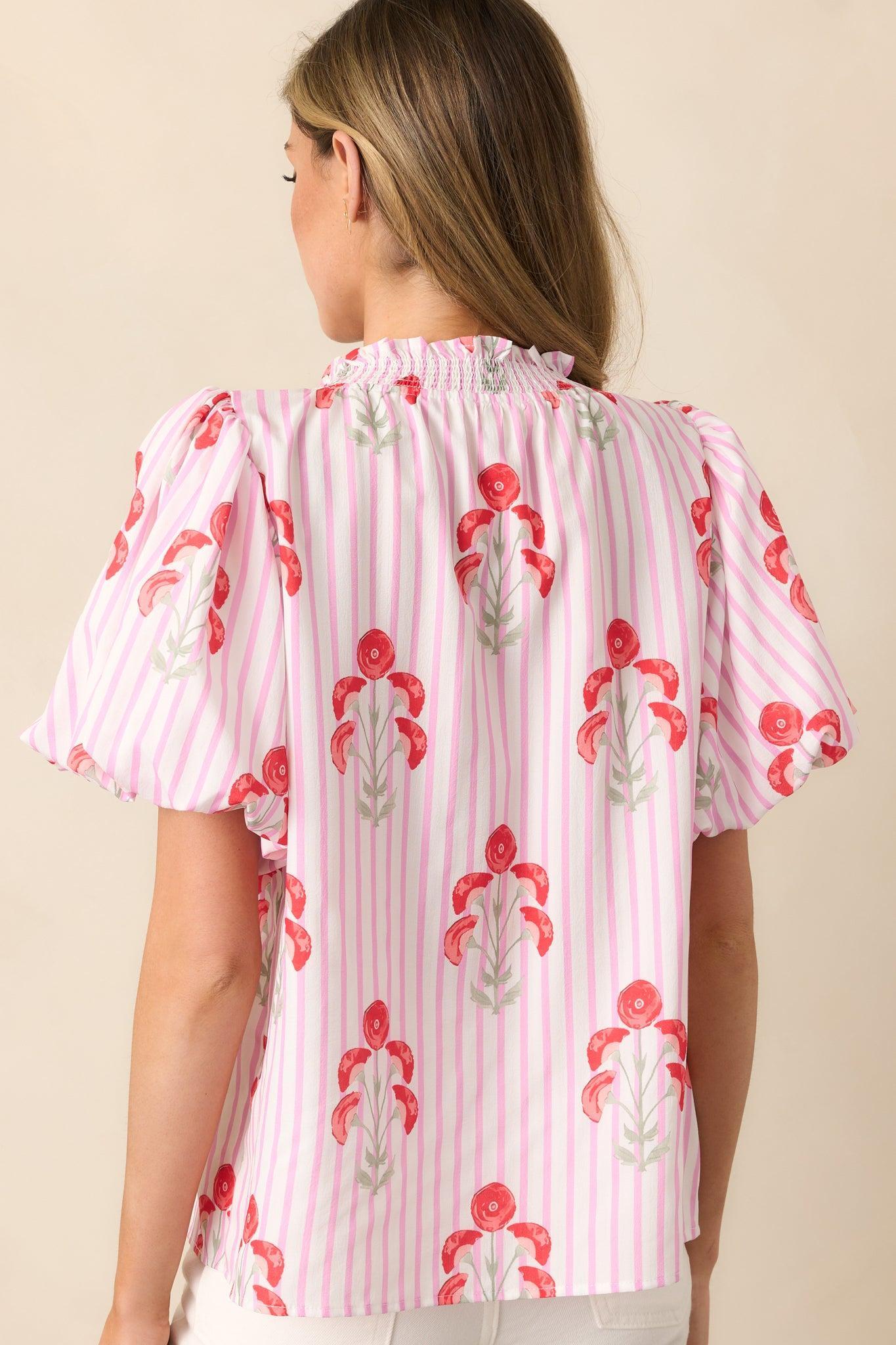 Poppy Fields Pink Button Front Puff Sleeve Top Product Image