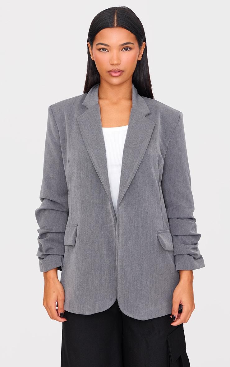 Grey Ruched Up Sleeve Boxy Blazer Product Image