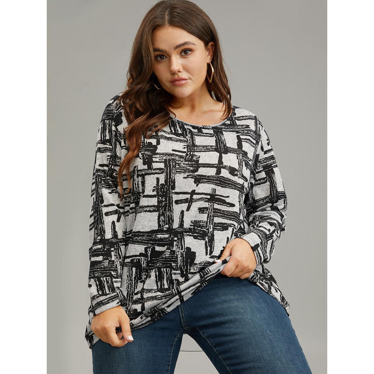 Plus Size Plaid Graffiti Round Neck T-shirt DimGray Women Casual Printed Graffiti Round Neck Dailywear T-shirts BloomChic 12/L Product Image