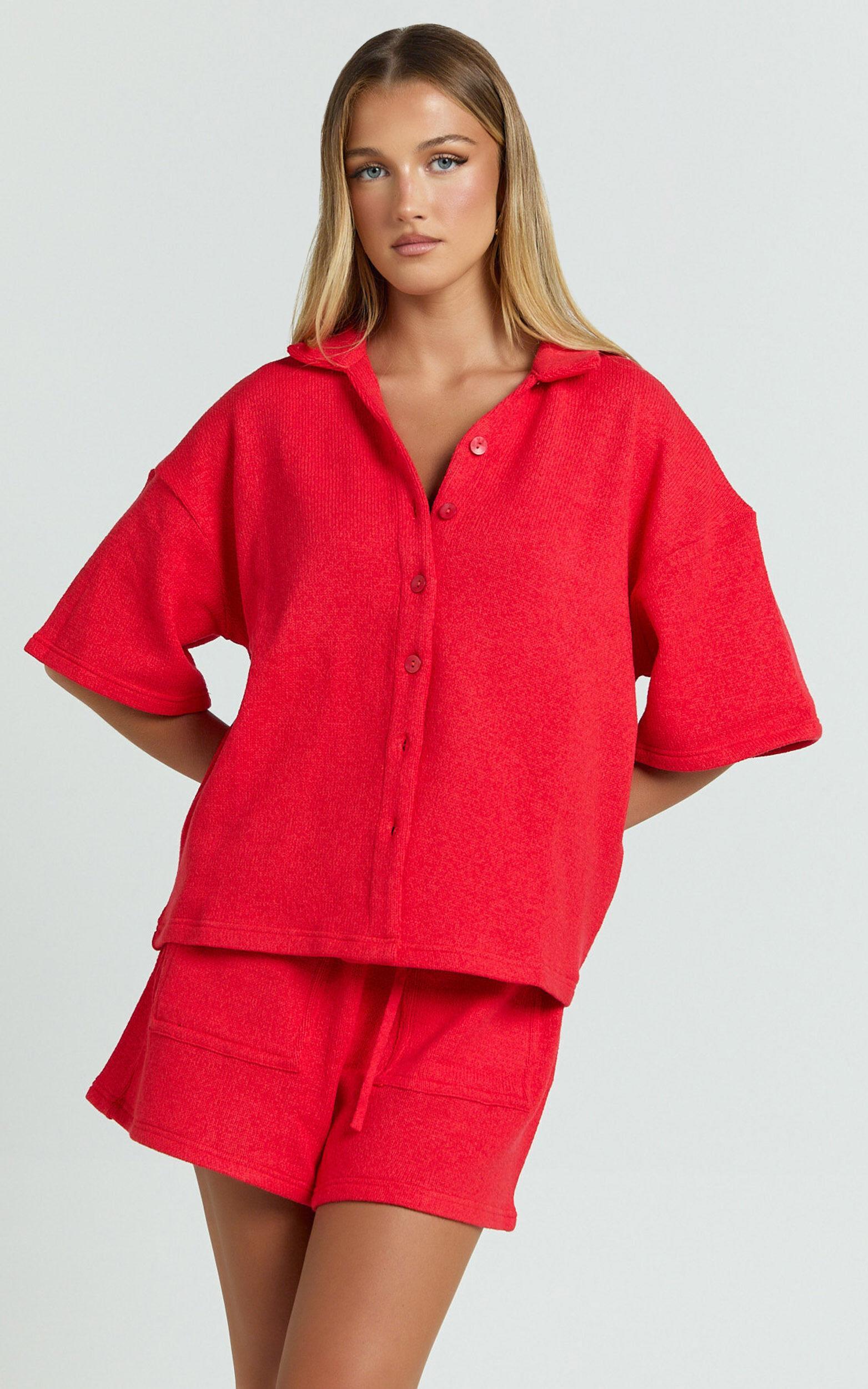 Kahlani Two Piece Set - Collared Short Sleeve and High Waisted Shorts in Red Product Image