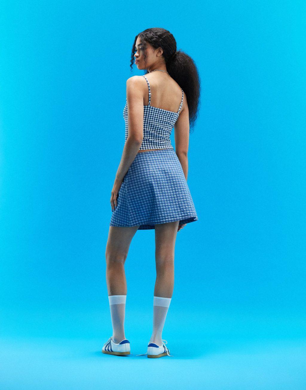 ASOS DESIGN denim wrap mini skirt in blue gingham print Product Image