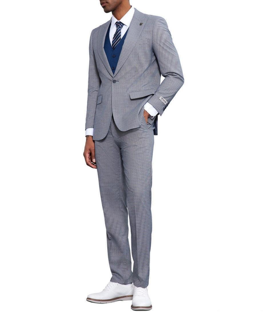 Stacy Adams 3 Piece Suit Glen Plaid Hybrid Fit Peak Lapel in Grey Product Image