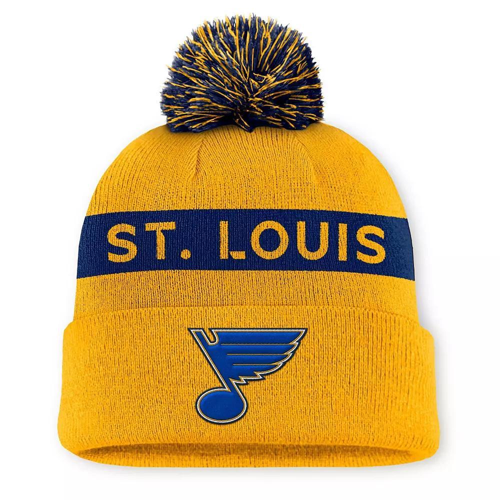 Women's Fanatics Gold/Navy St. Louis Blues Authentic Pro Rink Cuffed Knit Hat with Pom Product Image