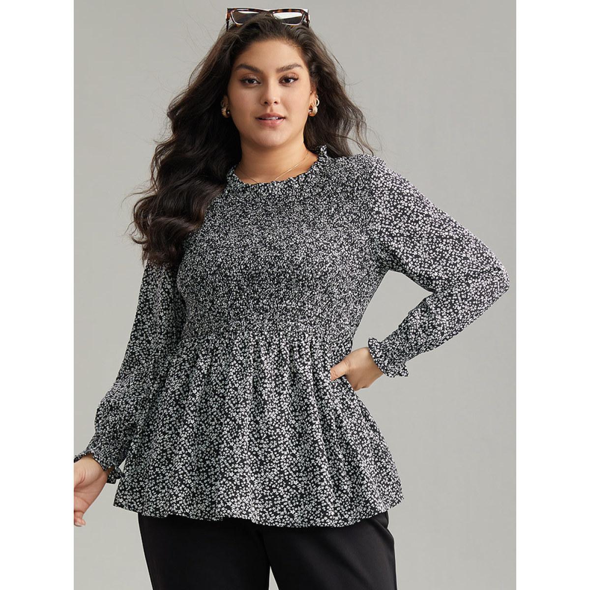 Plus Size Black Ditsy Floral Stand Collar Shirred Frill Trim Blouse Women Elegant Long Sleeve Stand-up collar Dailywear Blouses BloomChic 10/M Product Image