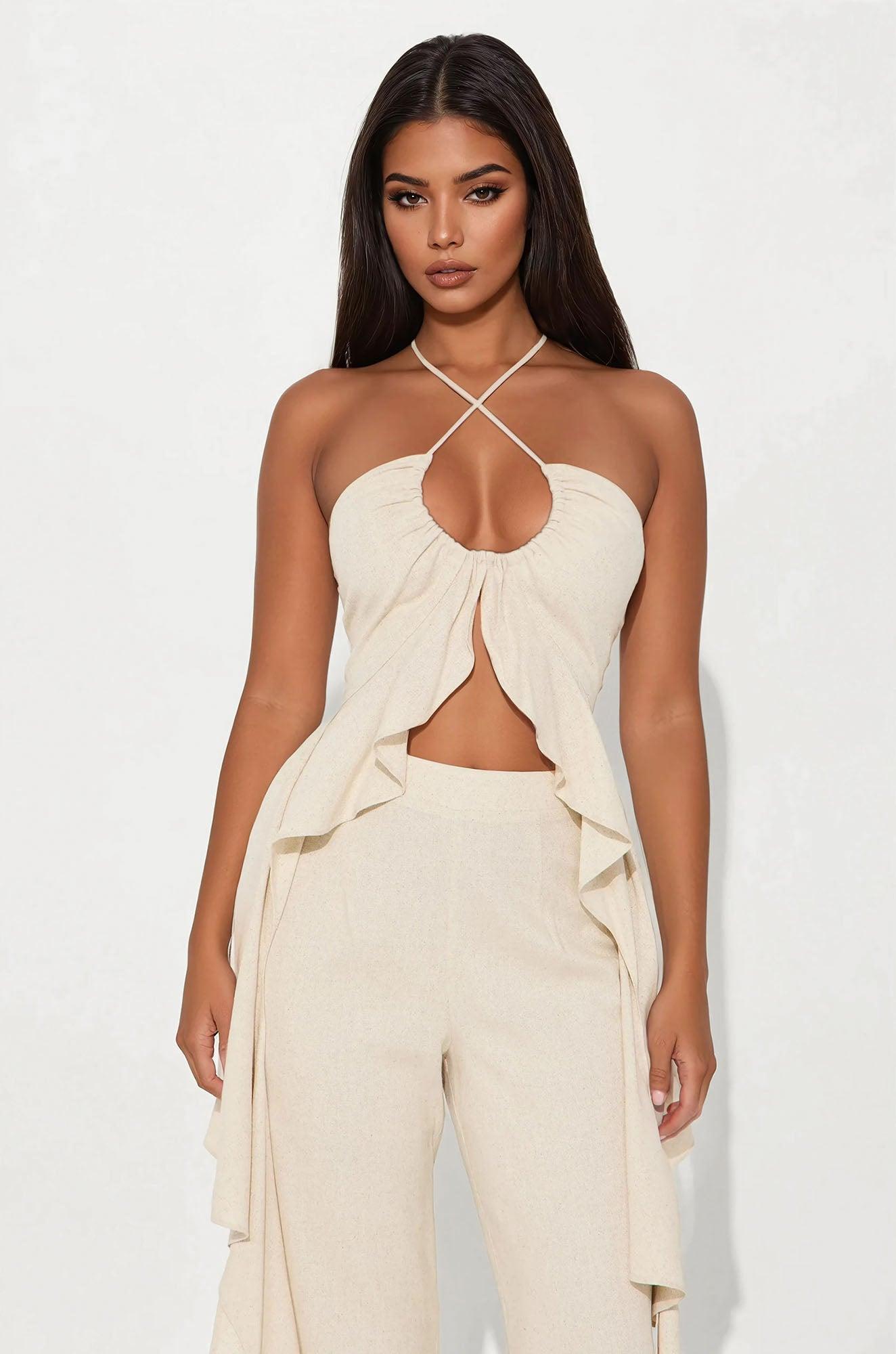 Crystal Shores Flowy Linen Pant Set - Taupe Female Product Image