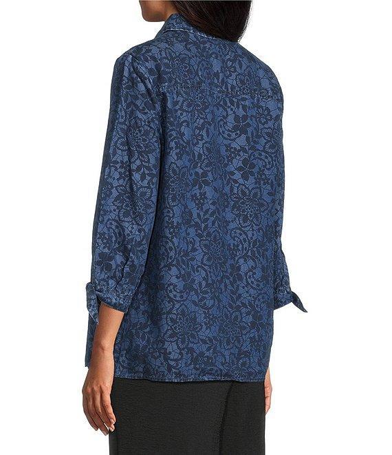 Allison Daley Petite Amazing Lace Print 3/4 Tie Sleeve Point Collar Button Front Lyocell Blouse Product Image