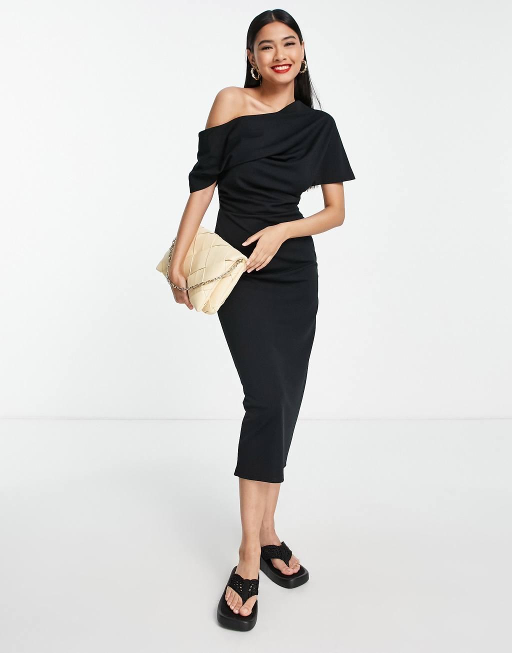 ASOS DESIGN pleated shoulder midi pencil dress in black Product Image