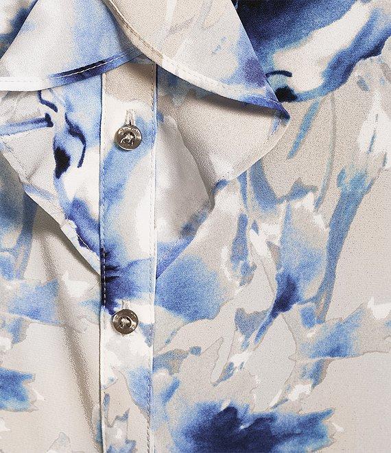 Calvin Klein Printed Georgette Point Collar Long SLeeve Ruffle Front Blouse Product Image
