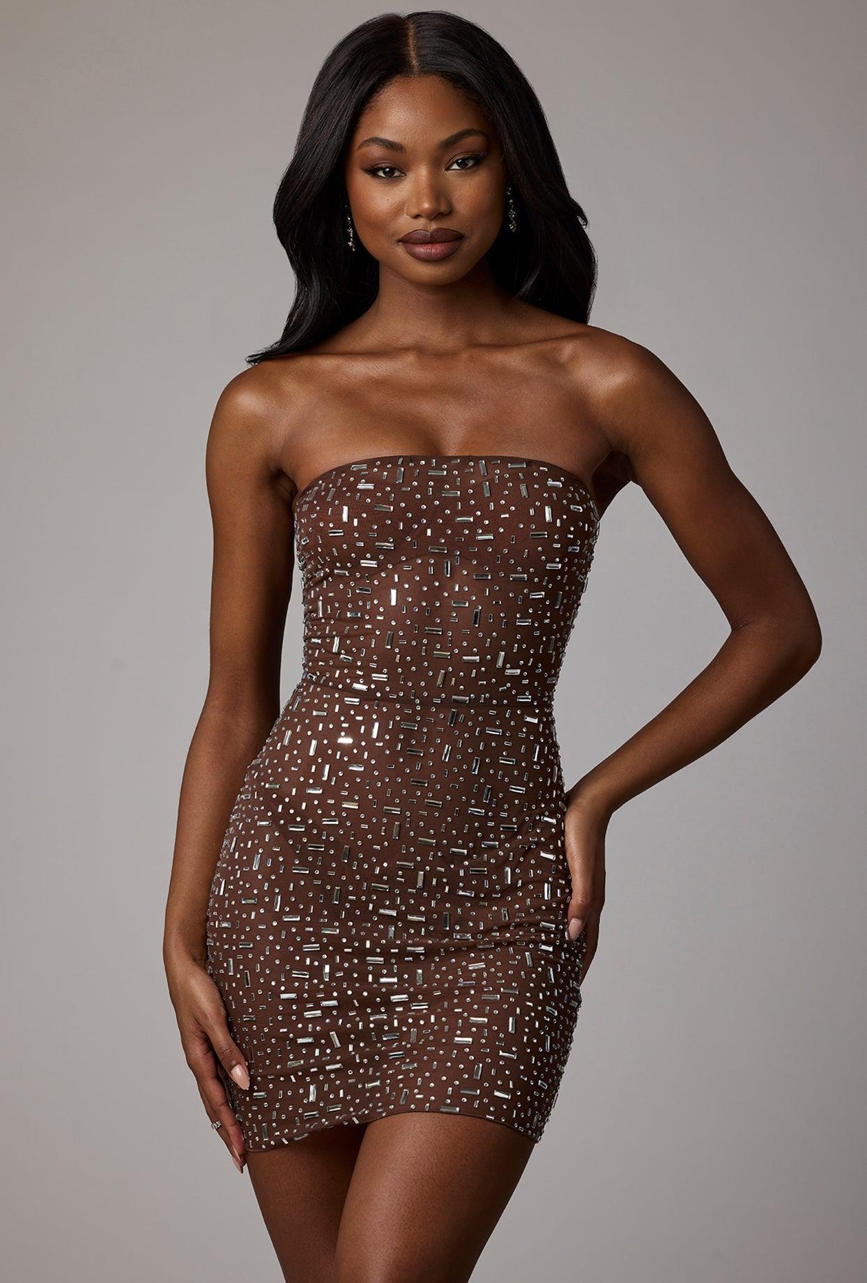 Sheer Embellished Bodycon Mini Dress in Deep Cocoa Product Image