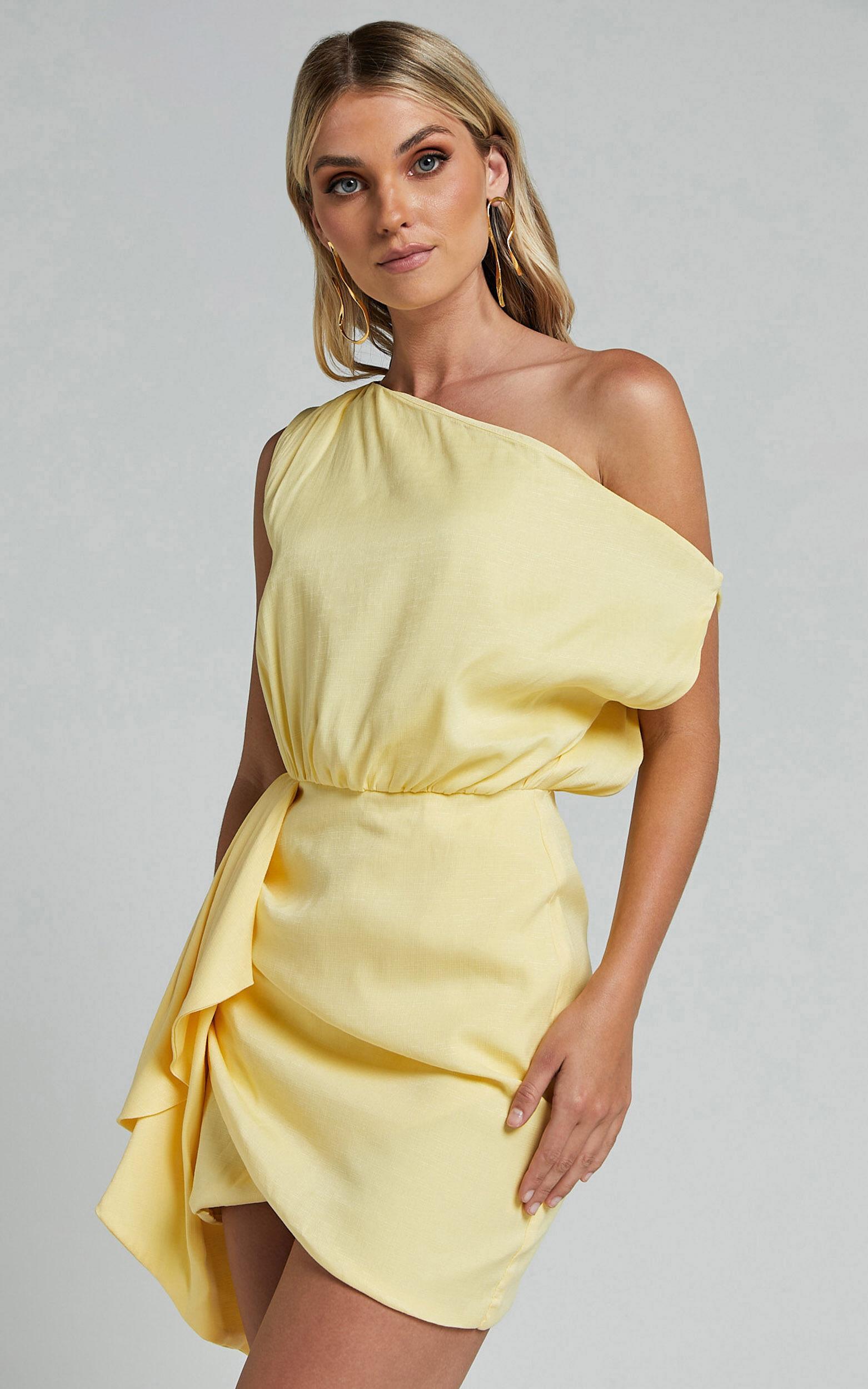 Niana Mini Dress - Drape One Shoulder Dress in Lemon Product Image