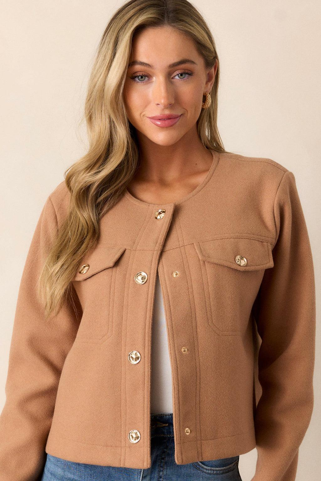 Many Directions Camel Brown Cropped Tweed Jacket Product Image