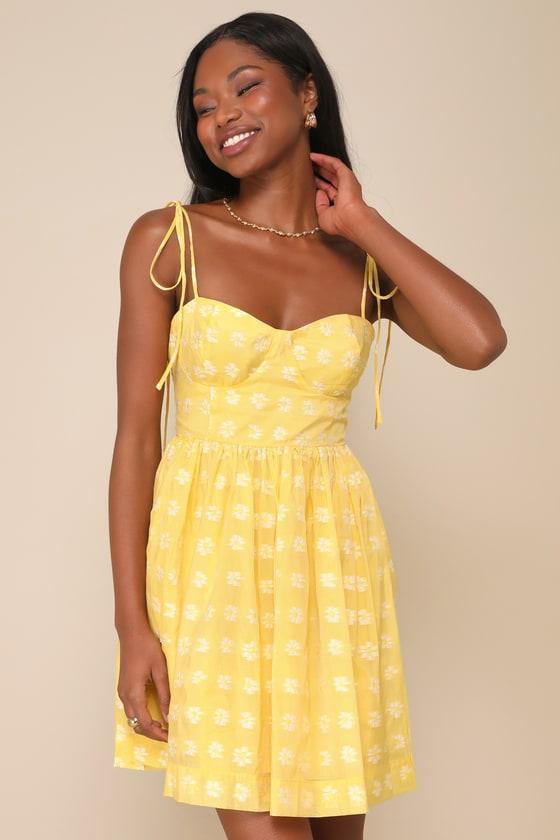 Gorgeous Angel Yellow Embroidered Floral Tie-Strap Mini Dress Product Image