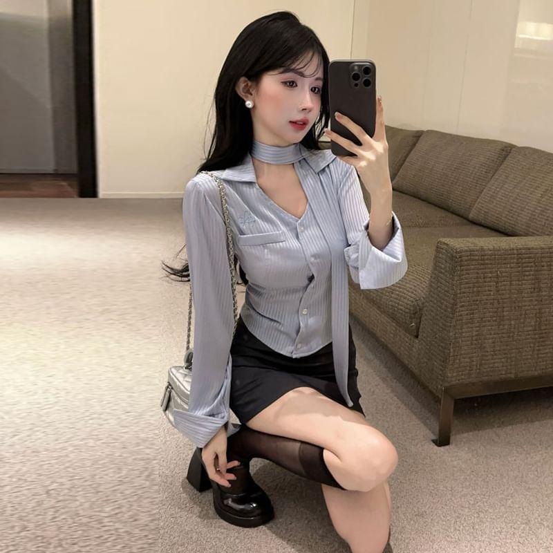 Long Sleeve V-Neck Collared Striped Shirt / High Waist Plain Mini Pencil Skirt Product Image