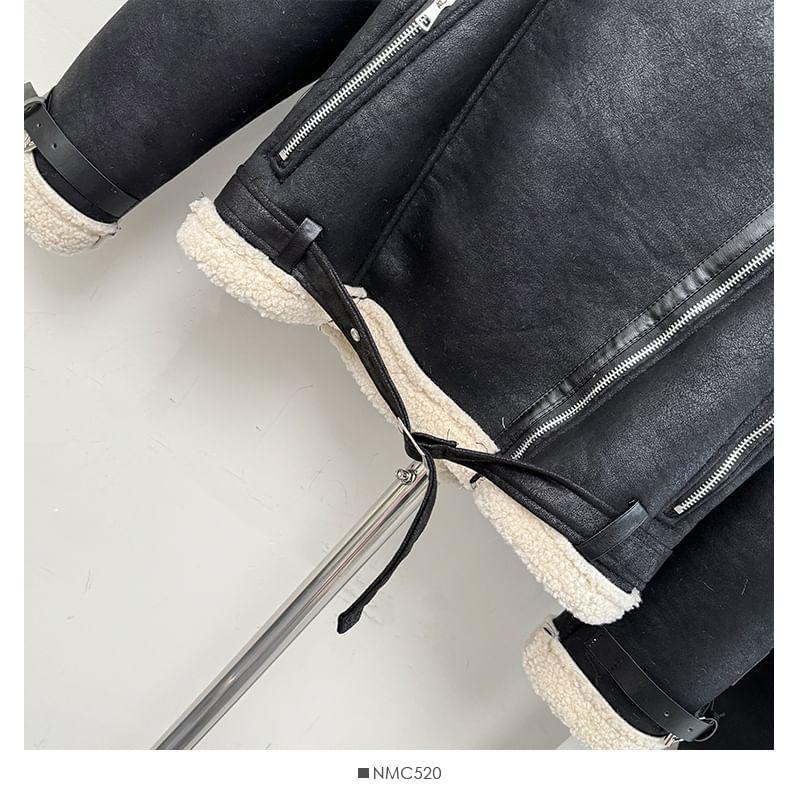 Fleece-Lined Faux-Suede Biker Jacket Product Image