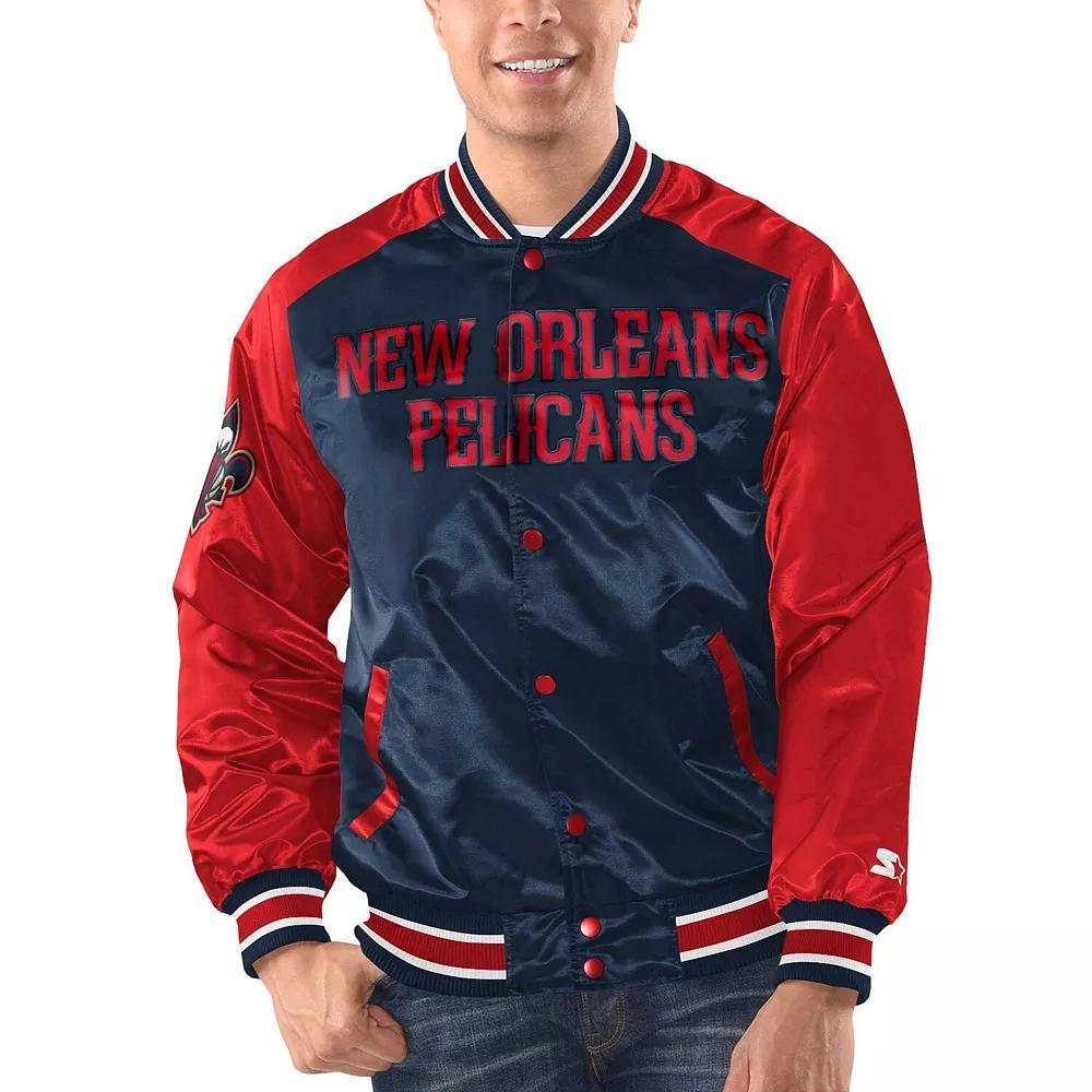 Men's Starter Navy/Red New Orleans Pelicans Renegade Satin Full-Snap Varsity Jacket, Size: XL, Blue Product Image